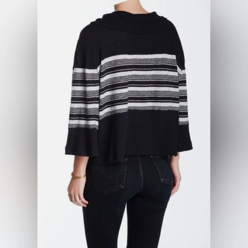 Free People Black White Sea Side Striped Cotton Linen Blend Sweater Size Large